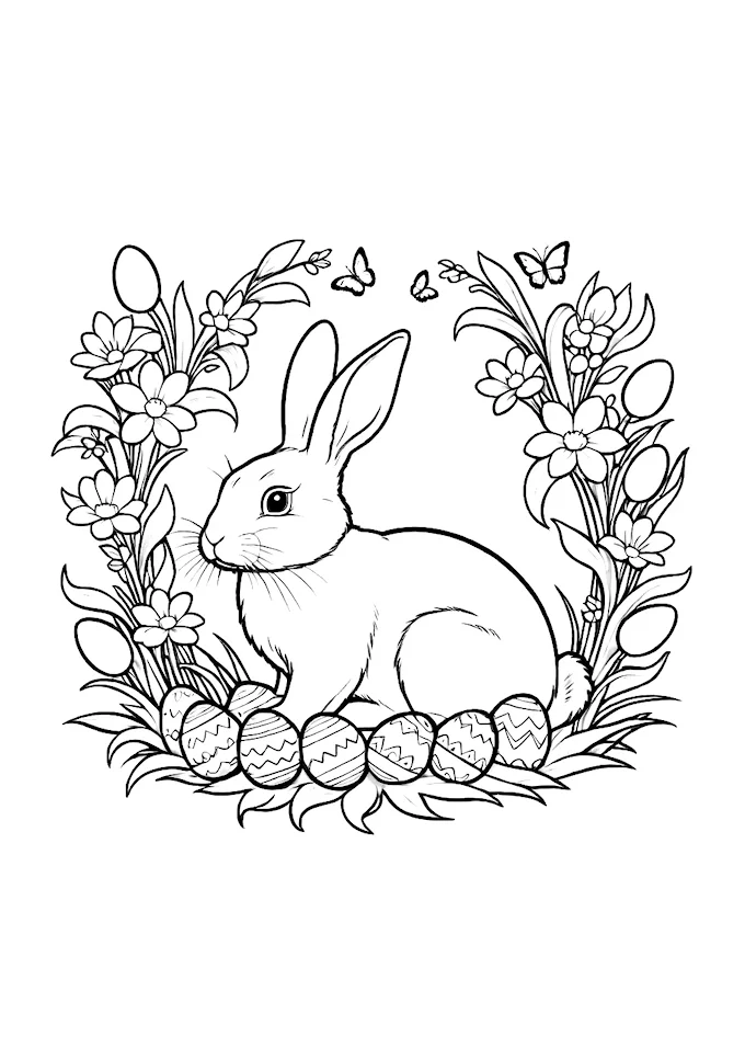 Black and white drawing of bunny with eggs in grass