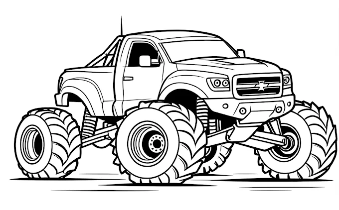 Monster truck with big wheels, black and white outline