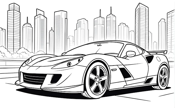 Sports car in city with skyscrapers, coloring page