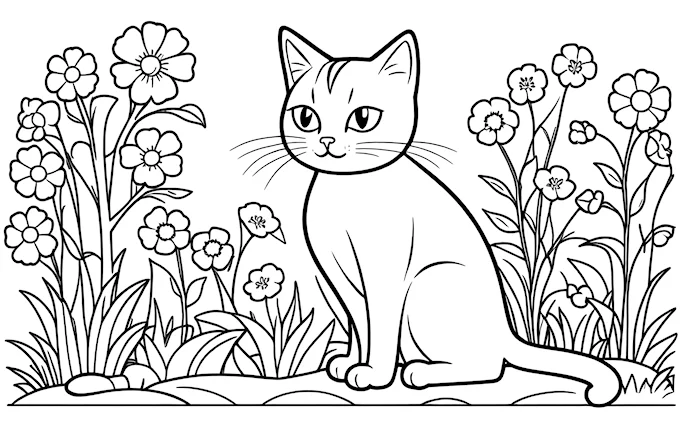 Cat sitting in grass surrounded by flowers