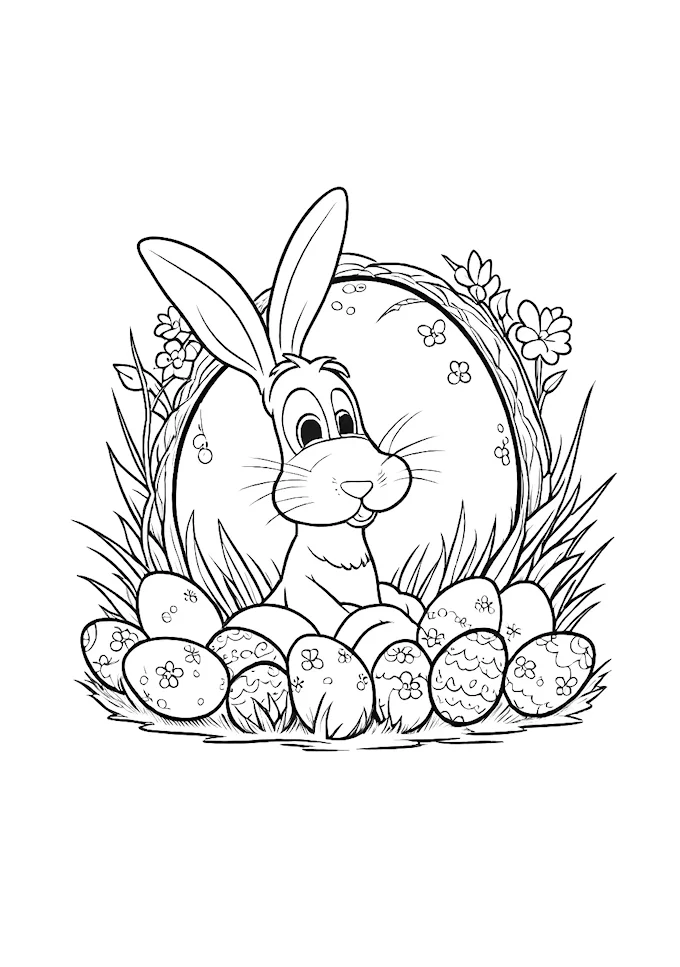 Cartoon rabbit in egg nest with floral decoration