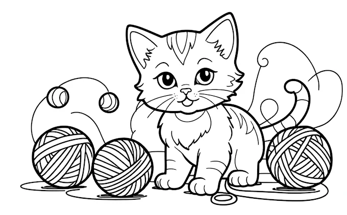 Cat next to balls of yarn, coloring page