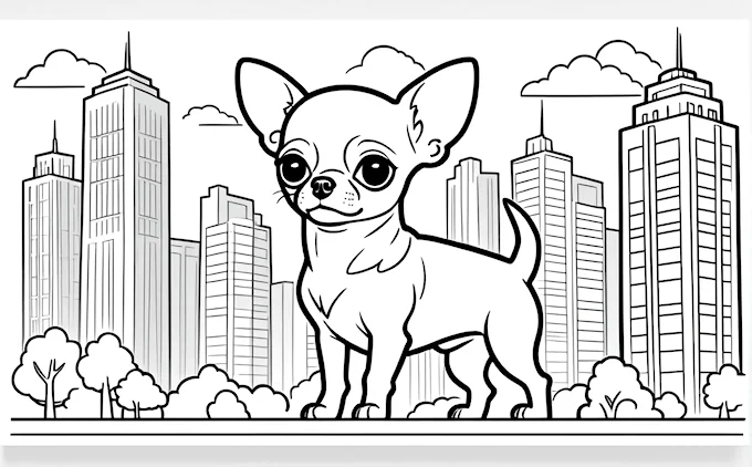 Chihuahua with big eyes in front of city skyline