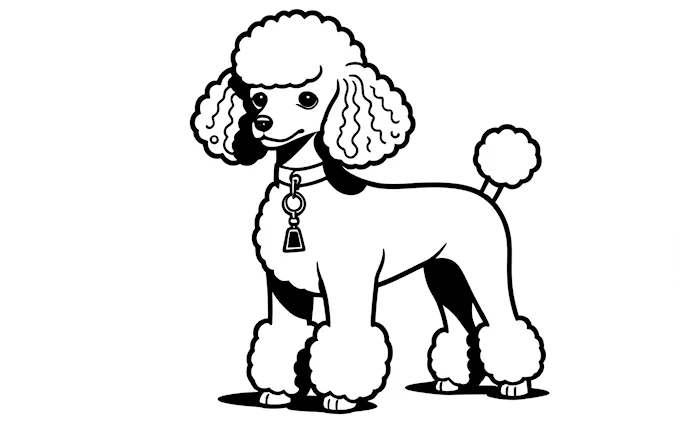 Poodle with bell and collar, black outline on white background, naive art coloring page