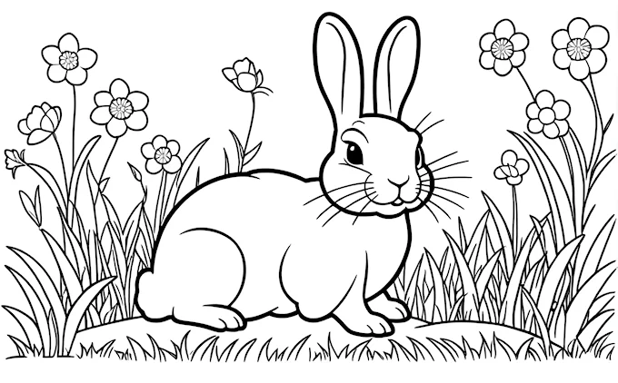 Rabbit sitting in grass with flowers, black and white background, coloring page