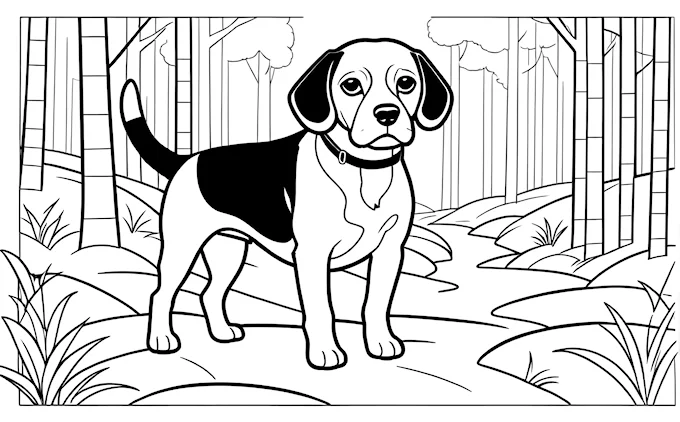 Dog standing in woods with trees and grass, adult and children coloring page