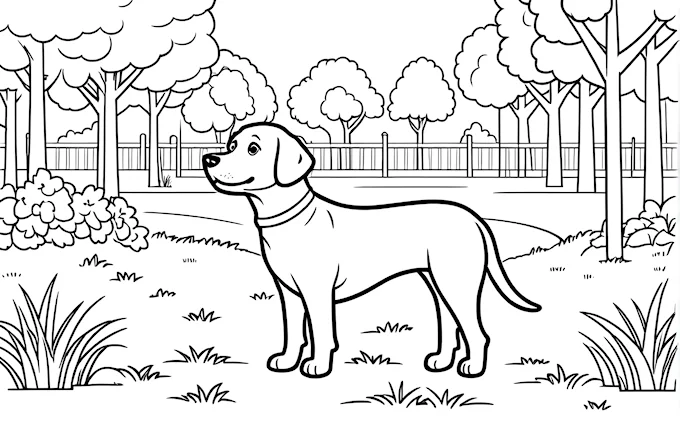 Dog in park, coloring page for kids and adults