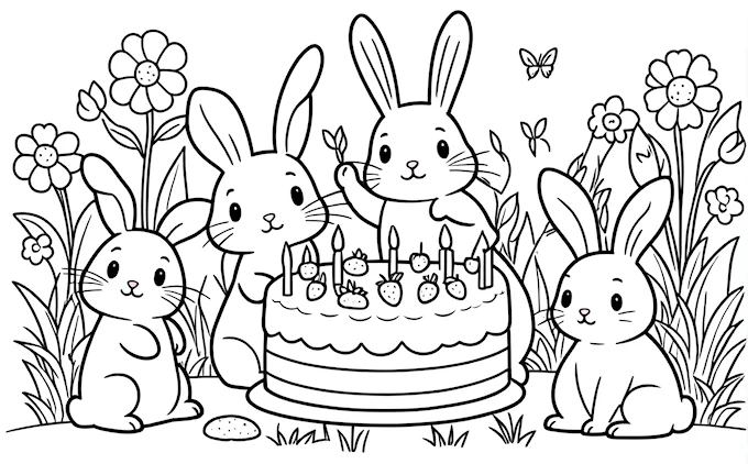 Birthday cake with three rabbits and butterflies