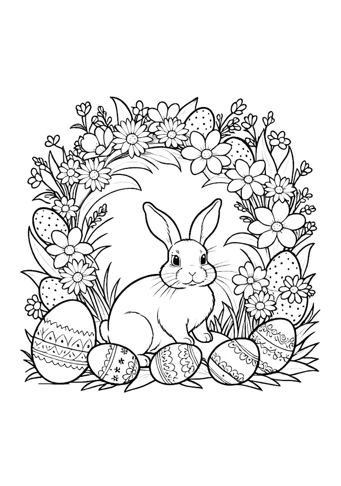 Black and white rabbit among eggs and diverse flowers