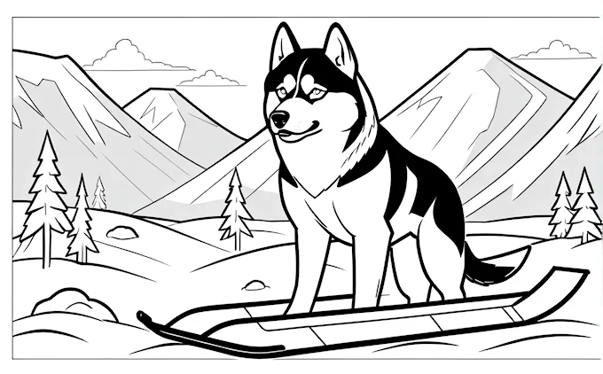 Dog on snowboard in snowy mountains