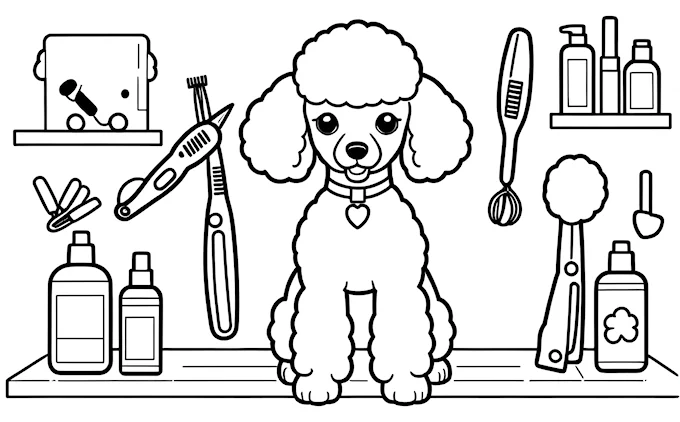 Poodle in front of shelf with grooming supplies, comb, and scissors