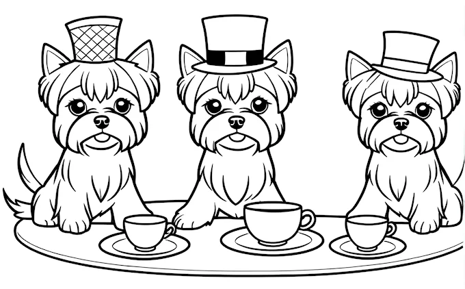 Three dogs at table with coffee and top hats