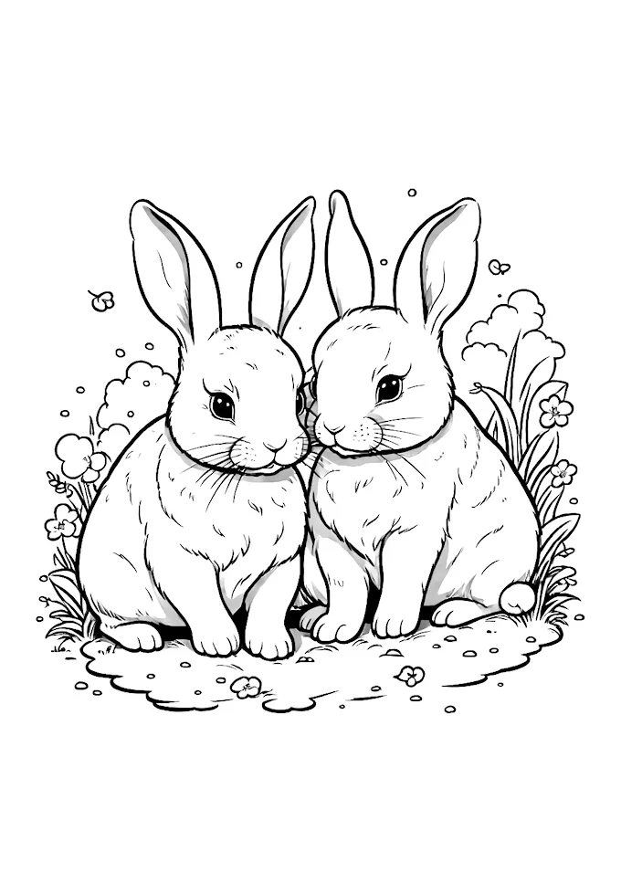Bunnies showing companionship on grassy ground coloring page