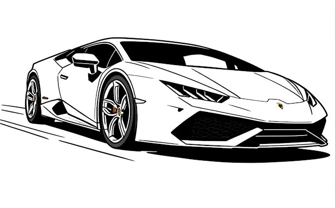 White sports car driving on road, black outline, white background