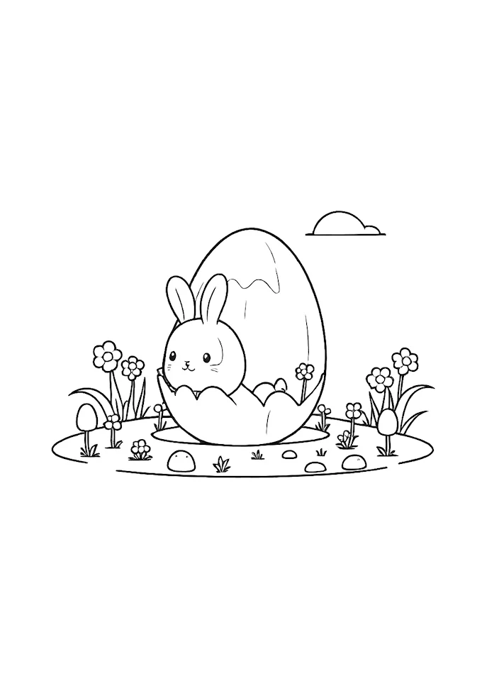Whimsical bunny inside an egg with natural elements