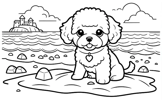 Dog on beach with castle, detailed coloring page for all ages