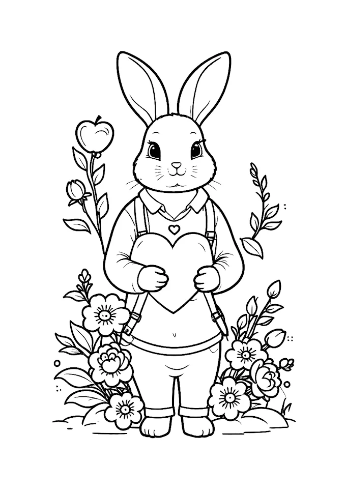 Bunny with Heart-Shaped Apple and Flowers Drawing