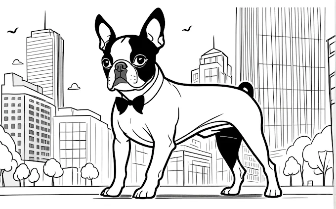 Dog with bow tie in cityscape, coloring page for all ages