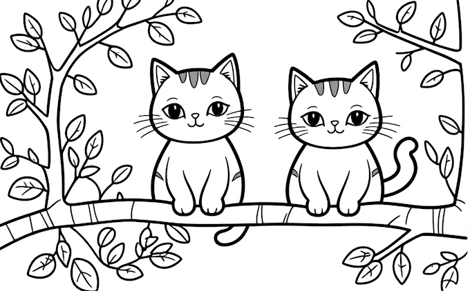 Two cats on tree branch, black and white