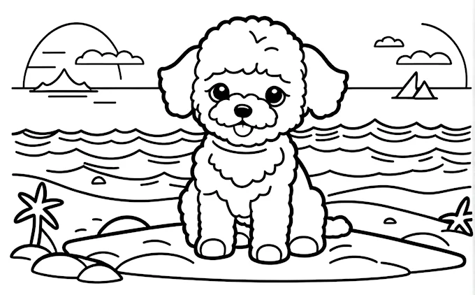 Dog on beach during sunset with a boat, detailed coloring page for kids