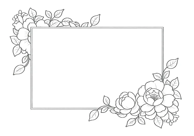 Decorated frame with pink flower illustrations coloring page