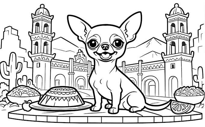 Chihuahua in front of Mexican town