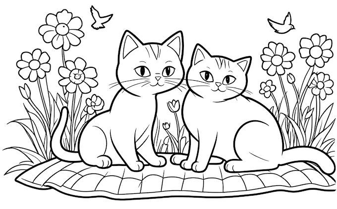 Two cats sitting on blanket in grass with flowers and butterflies