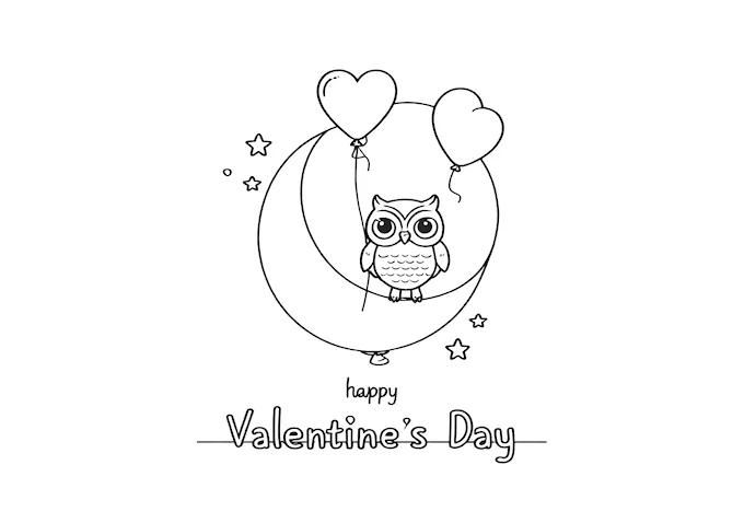 Owl holding heart balloon Valentine&#039;s theme coloring page