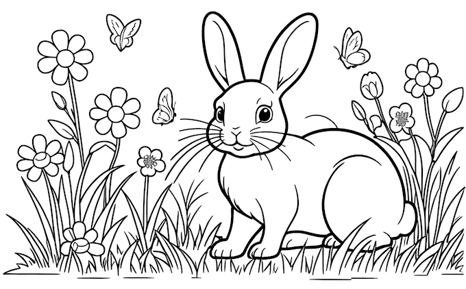 Rabbit in grass with flowers and butterflies, kids&#039; coloring page
