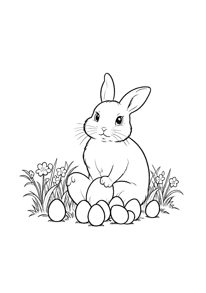 Black and white drawing of bunny with floral eggs in grass