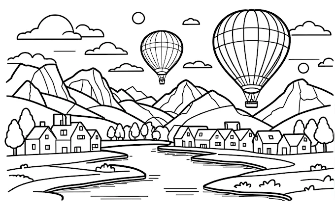 Hot air balloon over village and river