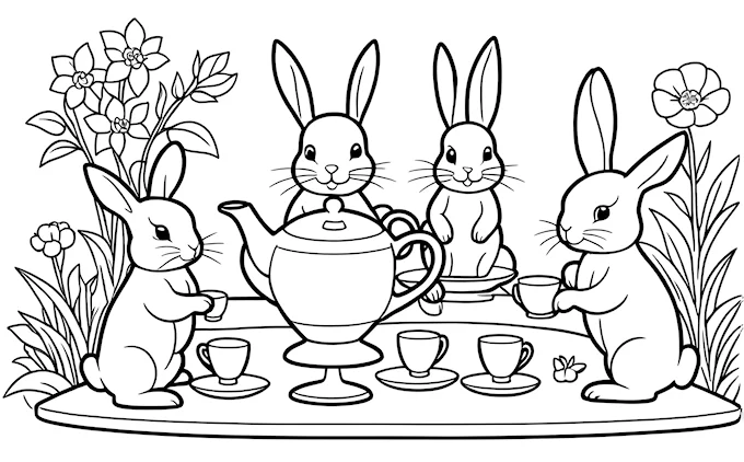 Table with three rabbits and teapot, flowers in background