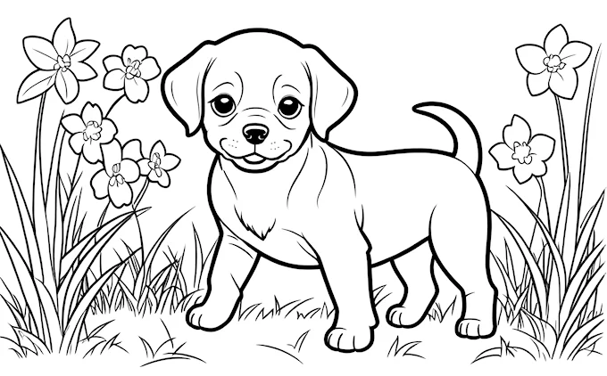 Puppy standing in grass with flowers, black and white outline