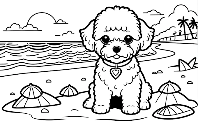 Dog on beach with heart in mouth and beach scene in background