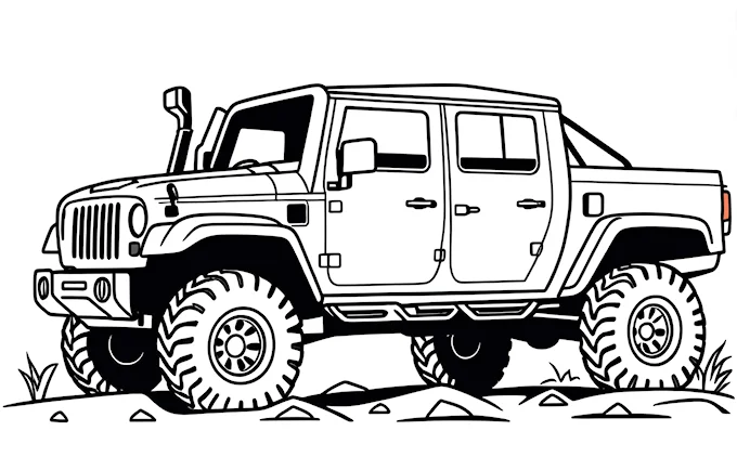 Jeep with big tires on hillside, lyco art
