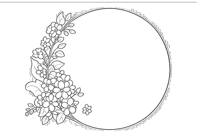 Circular floral design on black background coloring page