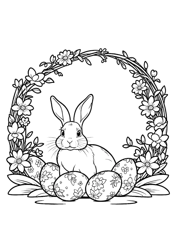 Rabbit atop egg surrounded by flora