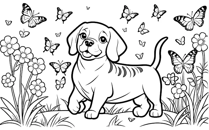 Dog in grass with butterflies and flowers