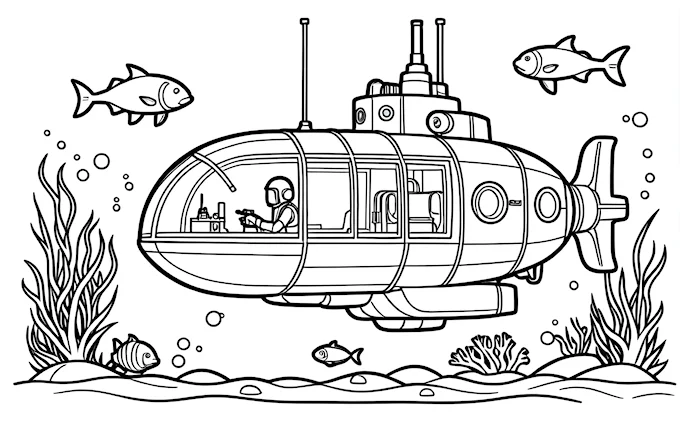 Submarine with man and fish in ocean, line art coloring page