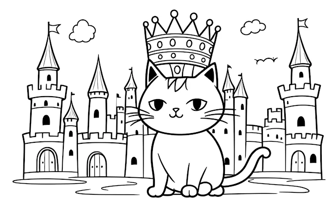 Crowned cat in front of castle, black and white
