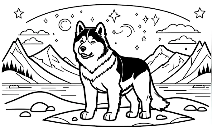 Husky in mountains with stars and moon