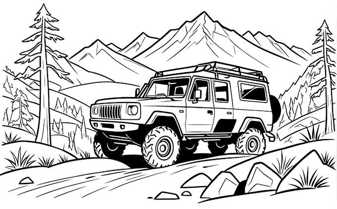 Jeep driving through mountains with trees and rocks, mountain range in background