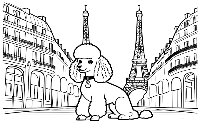 Poodle and Eiffel Tower with line art