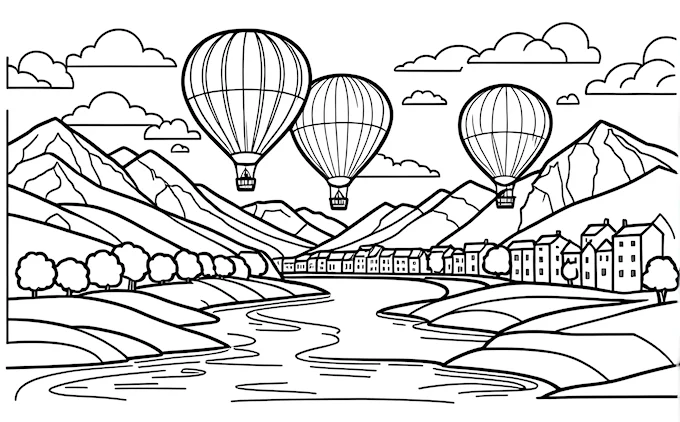 Hot air balloons over river and mountain town