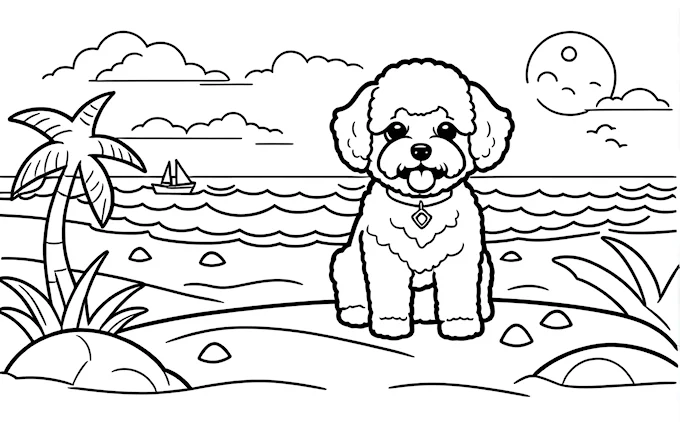 Dog sitting on beach with palm tree and boat, kids&#039; coloring page