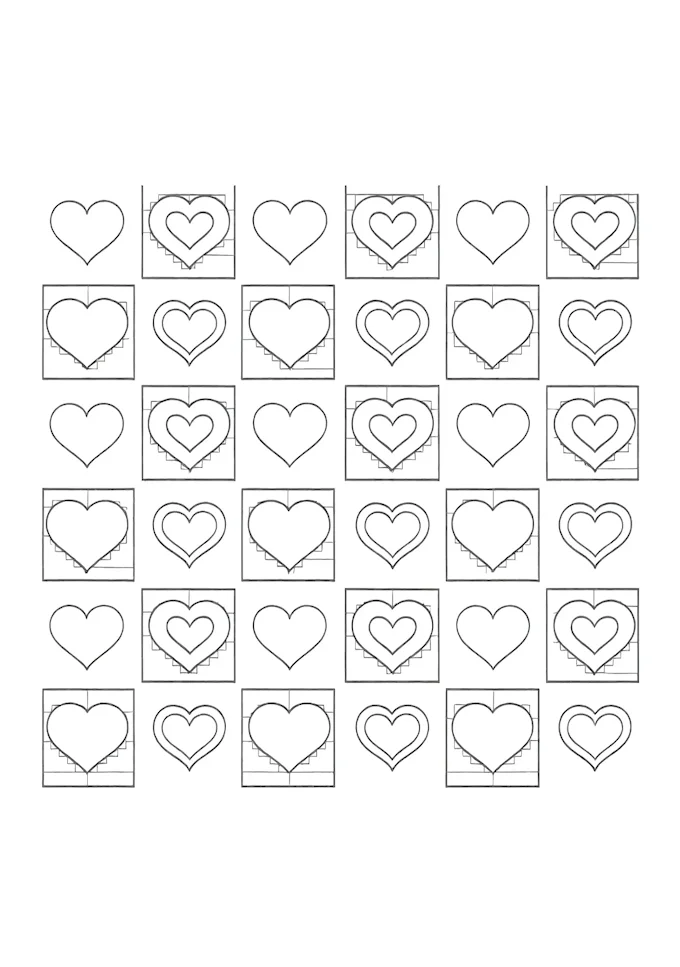 Overlapping Heart Shapes in Checkered Pattern Coloring Activity