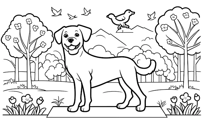 Dog standing in grass with flying bird and trees and flowers, highly detailed digital art, naive art