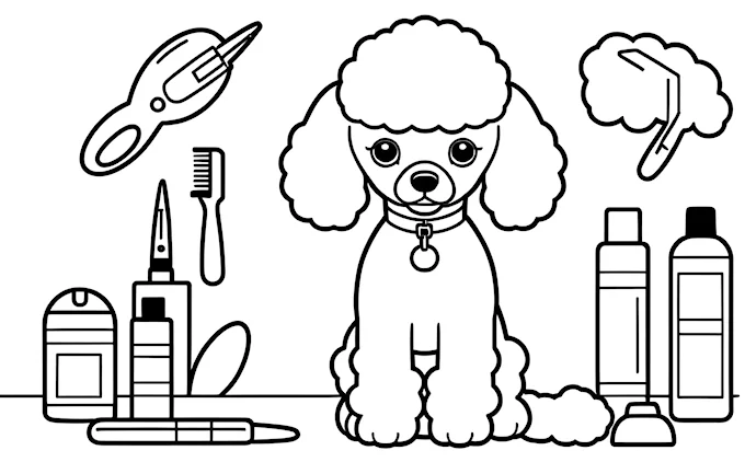 Poodle next to hairdryer and comb