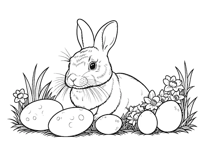 Cute Bunny Rabbit Beside Easter Eggs in Grass Coloring Page