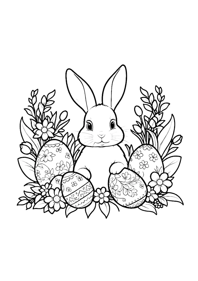 White Bunny with Decorated Easter Eggs Coloring Page